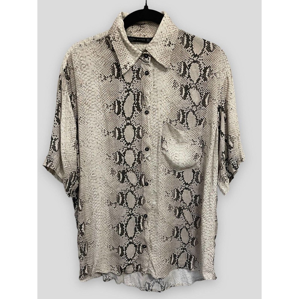ZARA Women Black Cream Snake Print Button Down Top Sz. S Small Blouse Shirt